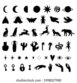 Set of black silhouettes. Moon, sun, planets, stars, forest animals, moth, bird, mushrooms, snake, hands, eyes, key, keyhole. Vector illustration.