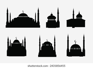 Set of black silhouettes of mosques on a white background. Vector illustration
