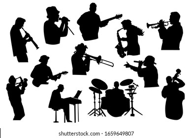 Set black silhouettes of musicians isolated on white background. Jazz, rock or pop band musicians playing instruments. Collection of singer and musician people in different poses. Stock vector