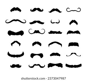 Set of black silhouettes mustache various forms. The hungarian, handlebar, the painters brush, Lampshade, Chevron moustaches. Men's hipster gentleman barbershop. Vector illustrations isolated on white