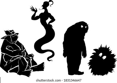 Satz schwarzer Silhouetten mythischer Kreaturen: Dschinn, Troll, Yeti