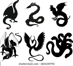 Set of black silhouettes of mythological dragons: basilisk, dragon, hydra, wyvern, quetzalcoatl, zmiulan