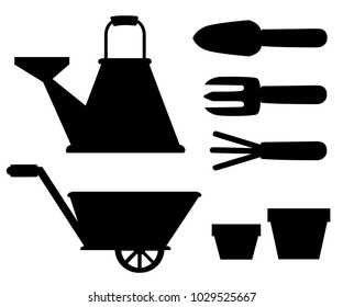 Set of black silhouettes objects for garden iron watering can shovel flower pots rake on white background vector illustration web site page and mobile app design.