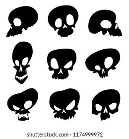Set of black silhouettes of ominous skulls with different emotions for Halloween. Vector illustration