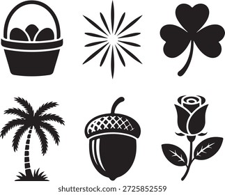 eine Reihe von schwarzen Silhouetten auf weißem Hintergrund, darunter ein Korb, Stern, Klee, Palme, Eichel und Rose von hoher Qualität