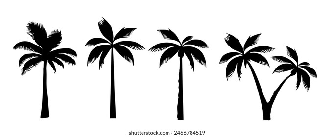 set of black silhouettes of a palm tree, silhouette of a palm tree isolated	