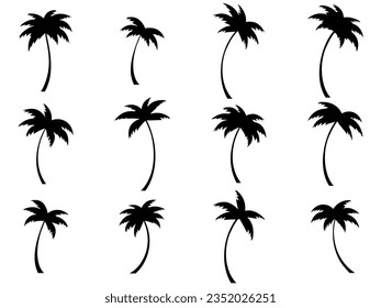 Set of black silhouettes of palm trees isolated on white background. Large collection of palm tree designs for posters and promotional items. Vector illustration