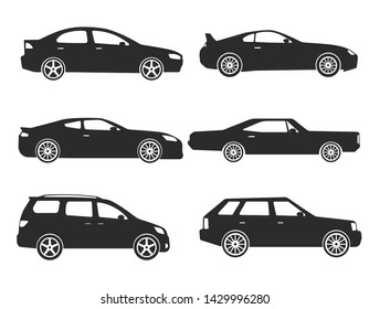 Set Of Black Silhouettes Passenger Car Icons. Isolated Vector Illustration