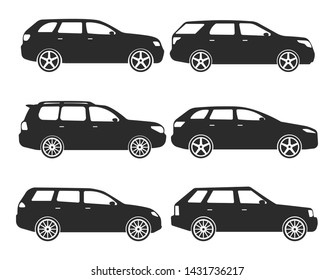 Set Of Black Silhouettes Passenger Car Icons. Isolated Vector Illustration