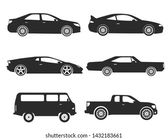 Set Of Black Silhouettes Passenger Car Icons. Isolated Vector Illustration