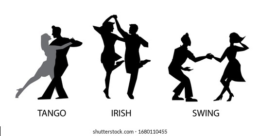 Set of black silhouettes of people dancing Irish dances, tango, swing dancing isolated on a white background.