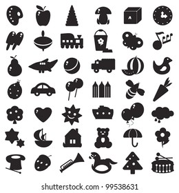 a set of black silhouettes of pictures for children - toys and different symbols