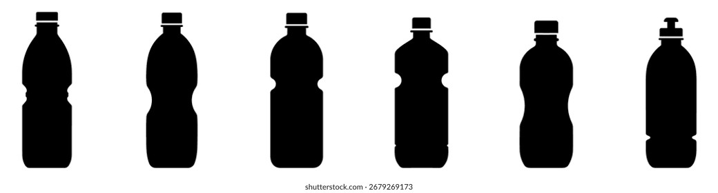 Set of black silhouettes of plastic bottles in various shapes. Vector illustration.