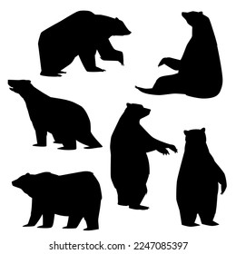 Set of black silhouettes of polar bears in different poses flat style, vector illustration isolated on white background. Design elements collection, arctic animals