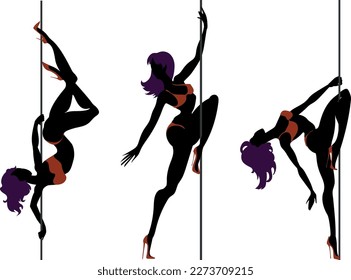 Set of black silhouettes of pole dancer isolated on white background