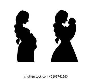 Set of black silhouettes of a pregnant woman and mommy holding a newborn baby, side view. Outline of a mom expecting the birth of a baby, vector illustration isolated on a white background.