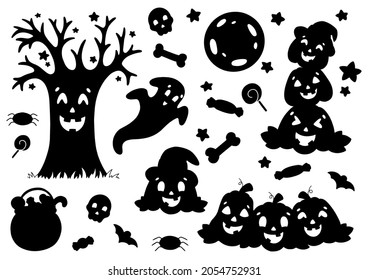 Set of black silhouettes pumpkin, ghost, tree, bat, bones. Halloween theme. Vector illustration isolated on white background. Template for books, stickers, posters, cards, clothes.