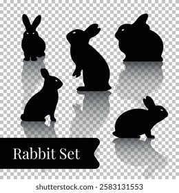 Set of black silhouettes of rabbits. Easter bunny side silhouette