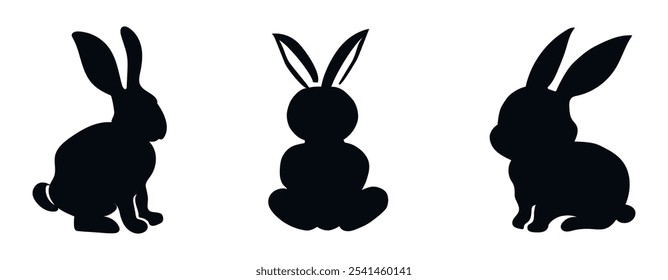 Set of black silhouettes of rabbits isolated on a white background. Easter bunny. Toy hare. Concept of cute animal illustration, minimalist style, and toy pet. Design element, icon, print, and logo.