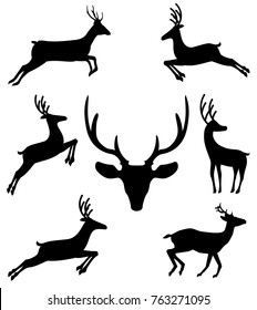 Set of black silhouettes of reindeers in different moving positions isolated on white background. Vector illustration, icons, clip art, elements for design.