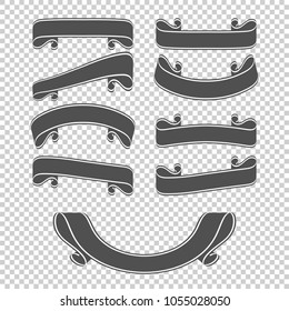 Set of black silhouettes of ribbons of banners. With space for text. A simple flat vector illustration isolated on a transparent background. Suitable for infographics, design, advertising, holidays.
