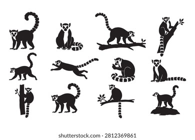 Set of black silhouettes of ring tailed lemurs in various poses