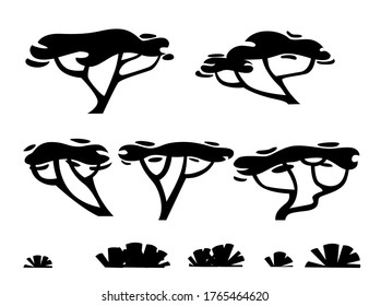 Set of black silhouettes savanna flora plants trees grass and bushes flat vector illustration isolated on white background