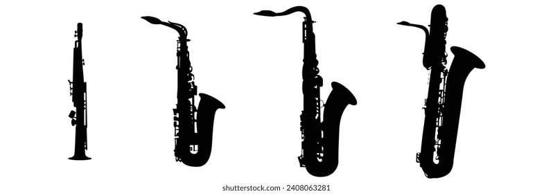 Conjunto de siluetas negras de saxofones. Saxofones vectoriales en un fondo blanco. Símbolos de instrumentos clásicos para tienda o aplicación de música.