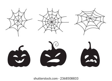 Set of black silhouettes of scary Halloween pumpkins. Spider web as symbol of Halloween. Collection of webs for Halloween holiday decoration. Carved pumpkin with spooky face. Vector illustration