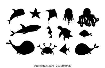 Set of black silhouettes of sea animals whale, shark, jellyfish, dolphin, starfish, stingray, octopus, seahorse, turtle, tropical fish, crab. Vector illustration, icons