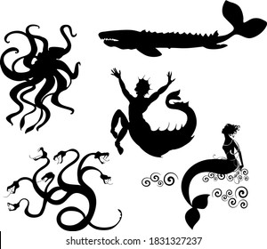 Conjunto de siluetas negras de criaturas mitológicas marinas: hidra, kraken, sirena, echeneis