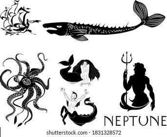 Set of black silhouettes of sea mythological creatures: neptune, kraken, mermaid, echeneis