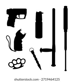 Conjunto de siluetas negras de elementos de autodefensa sobre un fondo blanco. Ilustración vectorial