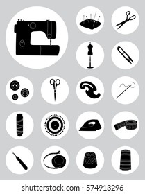 Set of black silhouettes of sewing tools, Sewing machine, threads, pins and needles, flat vector round icons