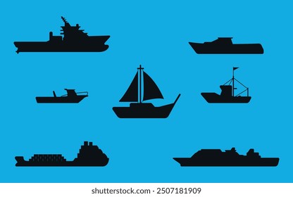 A set of black silhouettes of ships. Vector on blue background