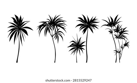 A set of black silhouettes showcasing different types and sizes of palm trees, highlighting tropical and coastal scenery elements.