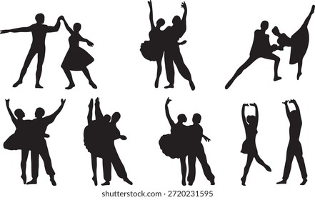 Um conjunto de silhuetas pretas exibindo dançarinos habilidosos em movimentos de balé elegante e poderoso e dança contemporânea, tanto solo quanto em pares.