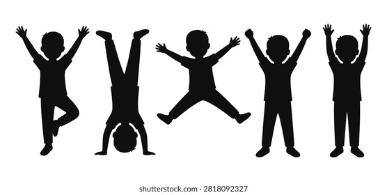 A set of black silhouettes showing children in different poses, including jumping, standing with arms raised, and doing a handstand, isolated on white background.