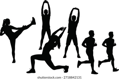 Conjunto de siluetas negras que muestran diferentes ejercicios de fitness y entrenamiento. Personas atléticas realizando estiramientos, poses de yoga, entrenamiento de fuerza, sentadillas, estocadas, carreras y actividades de calentamiento. Ideal para el gimnasio, el entrenamiento físico, el estilo de vida saludable, el diseño deportivo y los conceptos de ejercicio.