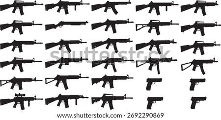 A set of black silhouettes showing different types of guns, including assault rifles, machine guns, and pistols, arranged in rows. The weapons are isolated against a plain white background.