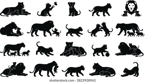 Set of black silhouettes showing lion families, lions, lionesses, and cubs interacting, playing, and resting on white background