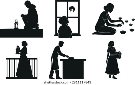 Set of black silhouettes showing people lighting oil lamps serving food and looking through window at night moon.