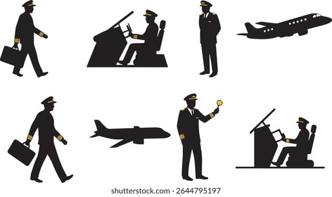 Conjunto de silhuetas pretas mostrando pilotos em várias ações: caminhadas, voos, controle de tráfego aéreo. Perfeito para projetos da indústria da aviação.