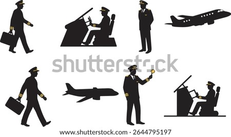 Set of black silhouettes showing pilots in various actions: walking, flying, air traffic control. Perfect for aviation industry designs.