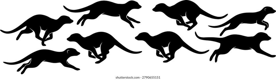 Set of black silhouettes showing running meerkats in different dynamic poses for wildlife design projects