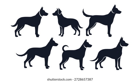 Conjunto de silhuetas pretas mostrando várias raças de cães em perfis de pé dispostos em duas linhas em um fundo branco liso para design.