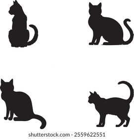 Set of black silhouettes sitting cats isolated on white
