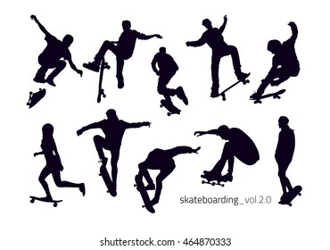 Set of black silhouettes of skateboarders on a white background. Vector Illustration