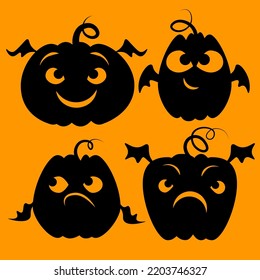 Set of black silhouettes of smiling pumpkins with bat wings on an orange background