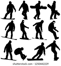 Set black silhouettes snowboarders on white background